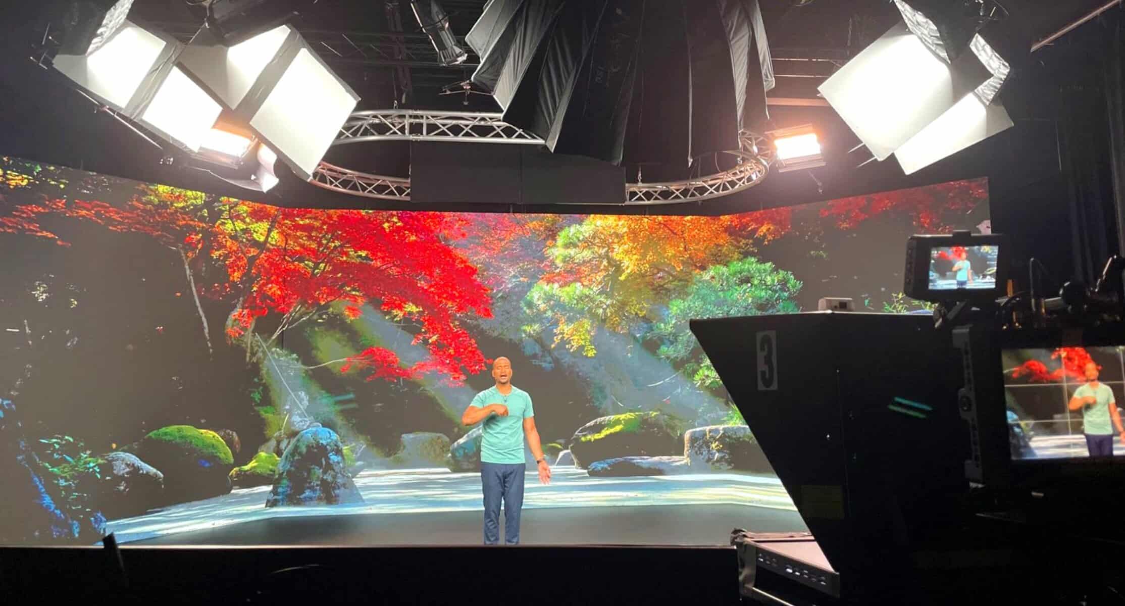 High-quality video production studio with large LED screens, professional lighting, and camera equipment for broadcasting, filmmaking, and live events at TriVision Studios.