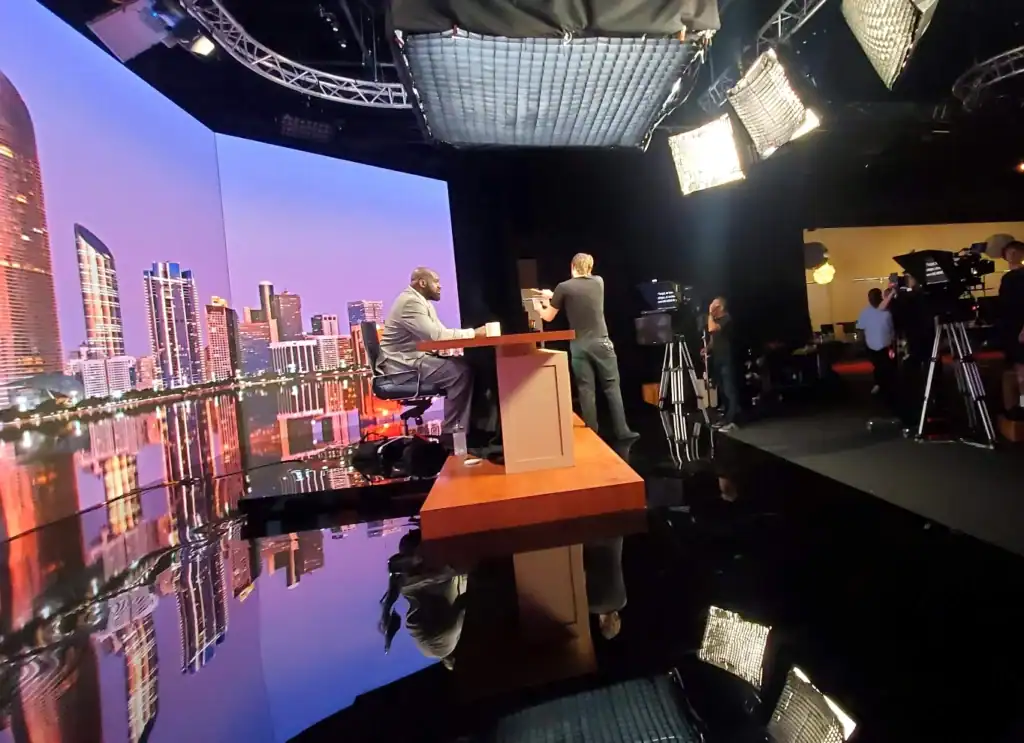 Cityscape skyline studio set for news or talk show production at Trivision Studios.