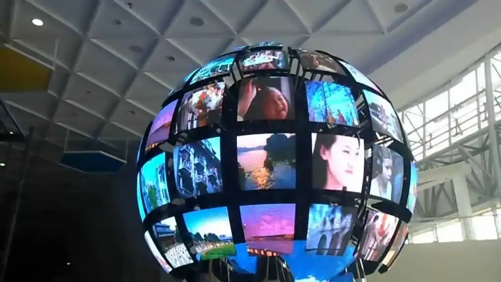 1. LED video wall globe displaying vibrant digital images at TriVision Studios for immersive visual experiences.