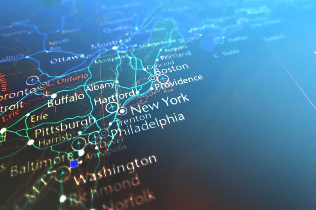 1. Interactive map showcasing major US cities and transportation routes, highlighting TriVision Studios' innovative digital media solutions and creative content production services.