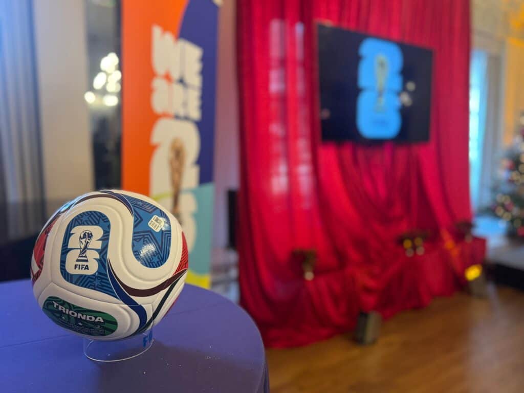 Vibrant soccer ball with FIFA World Cup logo showcased at TriVision Studios event, highlighting professional multimedia and event production services.