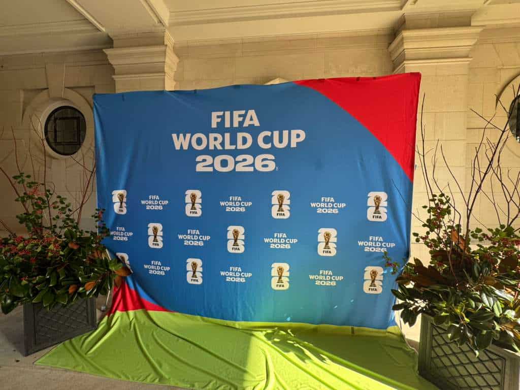 Vibrant display showcasing the FIFA World Cup 2026 logo and branding for event promotion and sponsorship visibility. Perfect backdrop for event photos and press coverage.