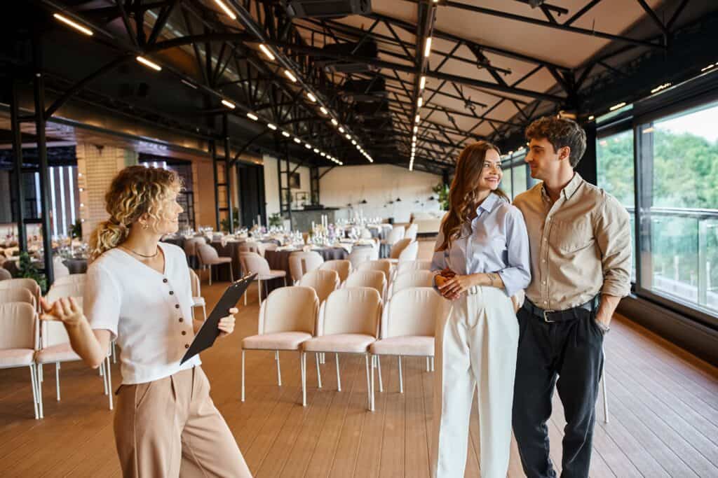 Elegant indoor event space with modern design and natural lighting at TriVision Studios. Perfect for weddings, corporate events, and social gatherings.