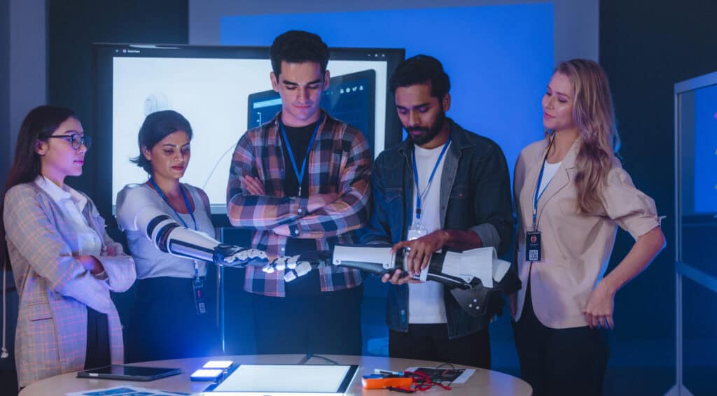 Highly detailed robot arm with researchers collaborating.