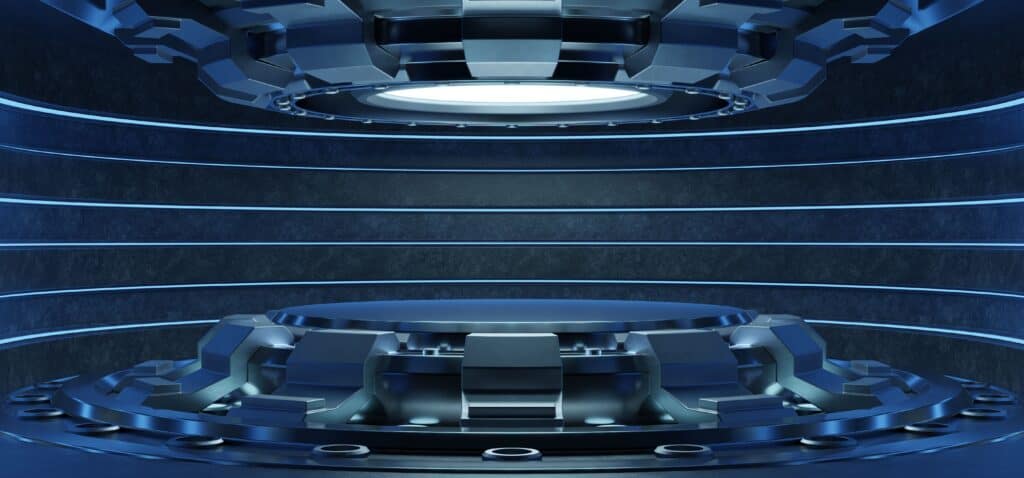 A sleek, modern stage with advanced lighting and digital displays, perfect for high-tech events and presentations. The design emphasizes innovation and cutting-edge technology.