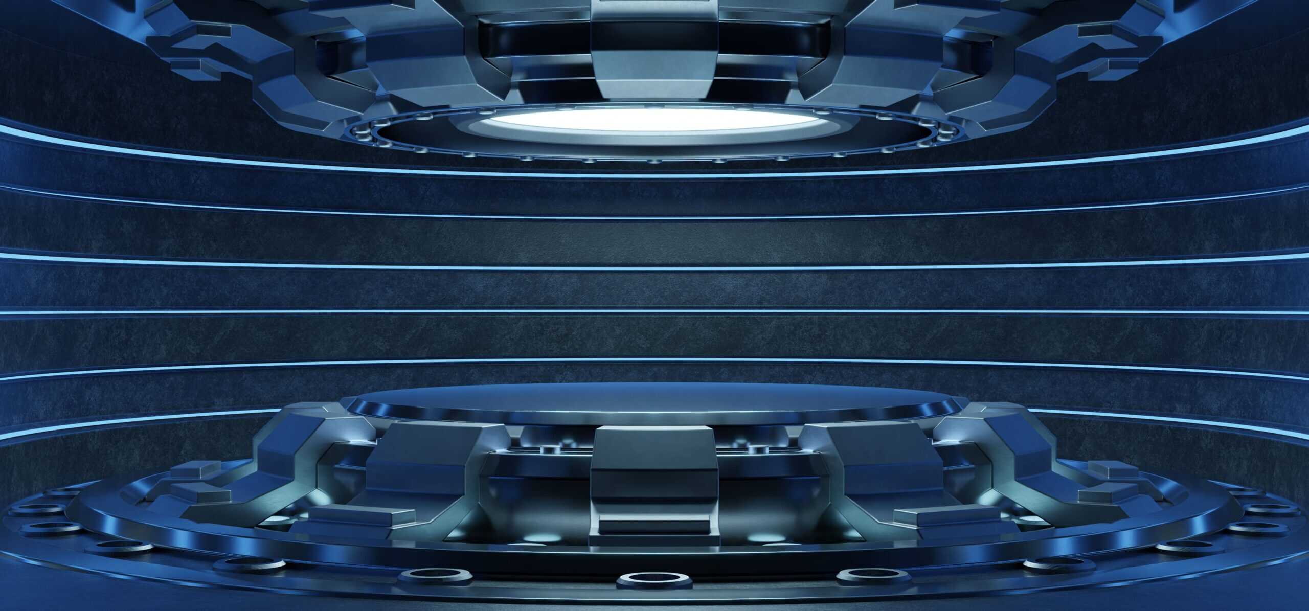 A sleek, modern stage with advanced lighting and digital displays, perfect for high-tech events and presentations. The design emphasizes innovation and cutting-edge technology.