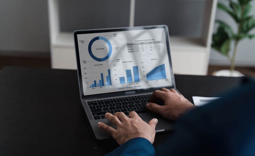 Business professional analyzing financial data and charts on a laptop for strategic decision-making and performance review.