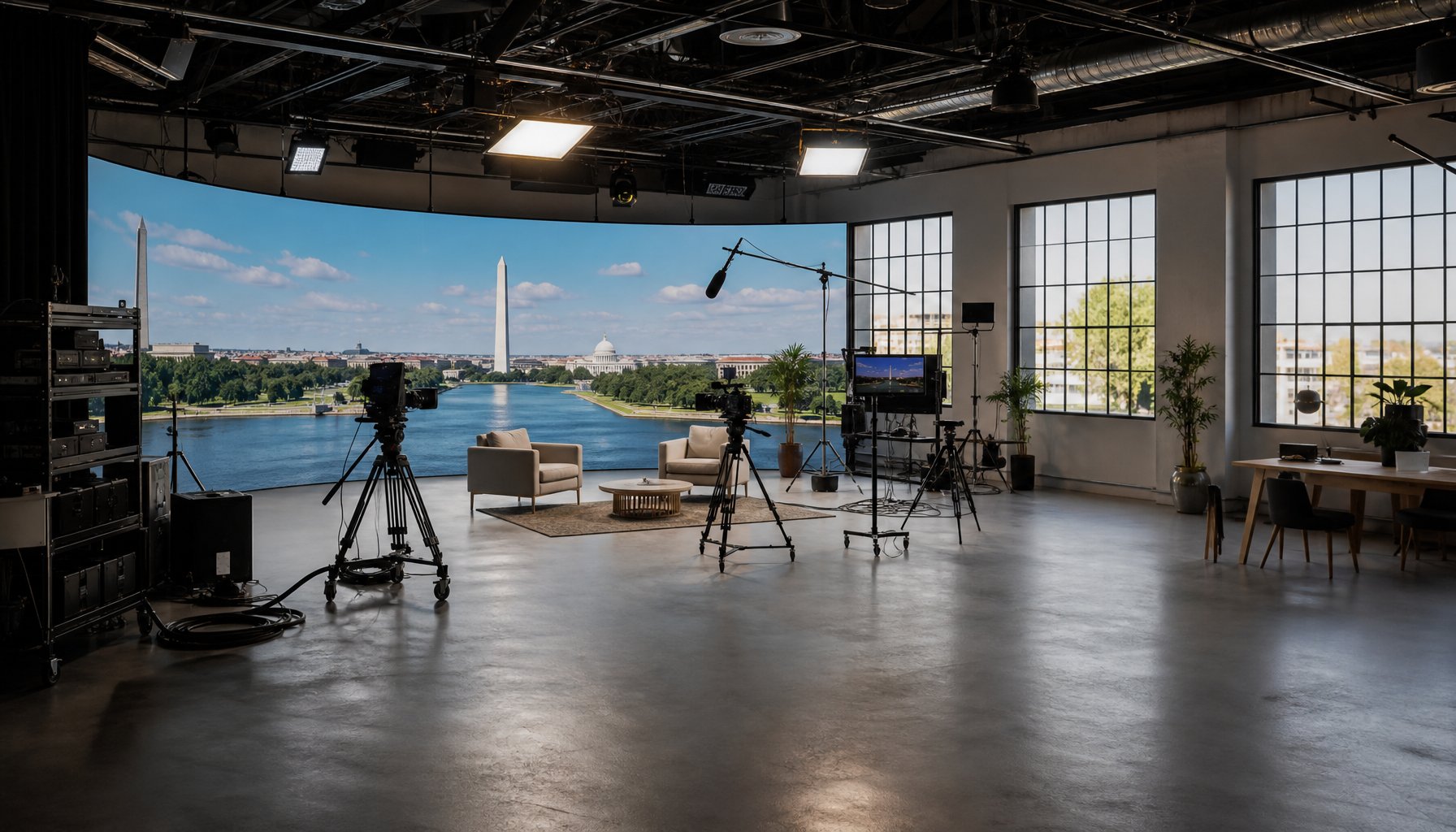 Modern video production studio with large windows overlooking the Washington Monument and National Mall, equipped with cameras, lighting, and seating for professional filming.