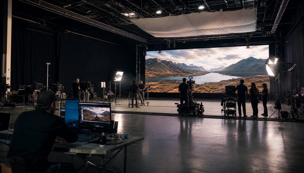 Professional video production studio with large green screen, lighting, and camera equipment for filming and editing high-quality videos.