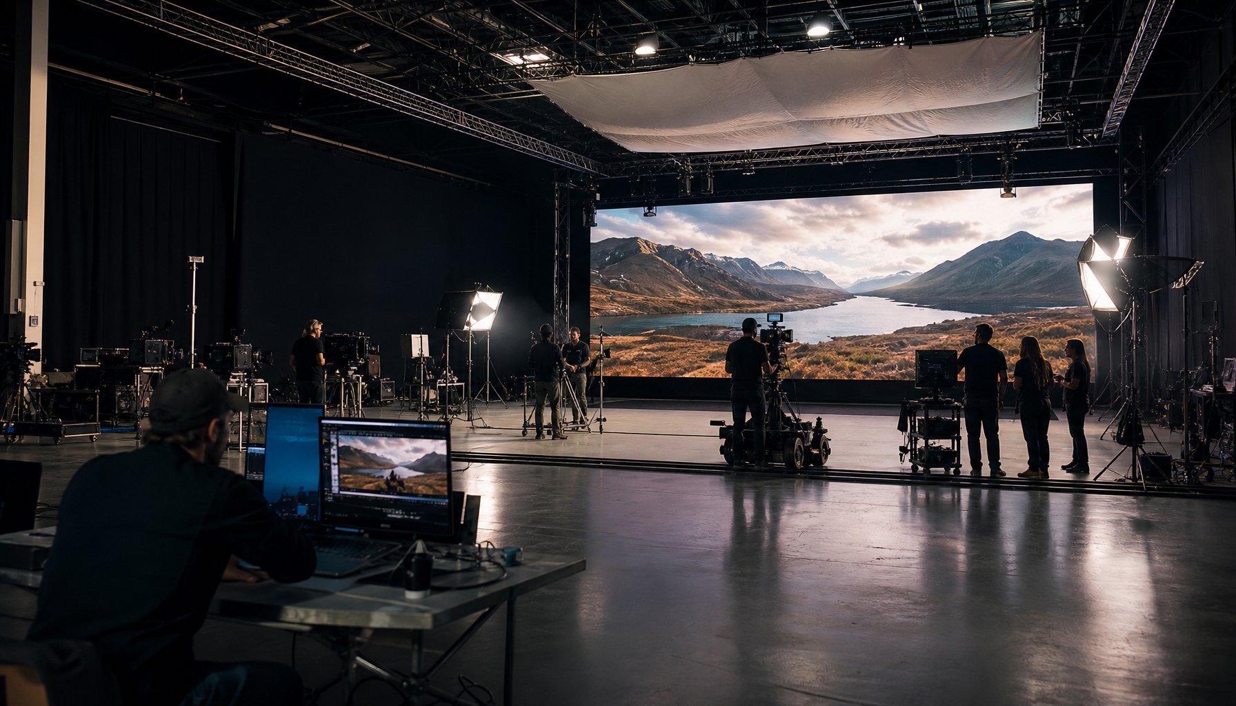 Professional video production studio with large green screen, lighting, and camera equipment for filming and editing high-quality videos.