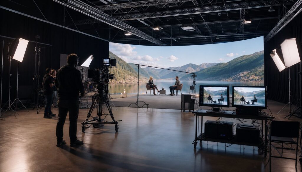 Professional video production studio with a large green screen, cameras, and lighting equipment for filming scenic outdoor scenes with mountains and lake backdrop.