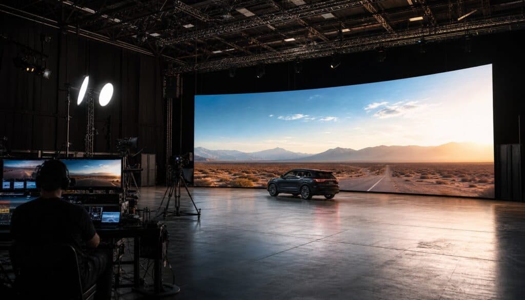 Interior of a professional video production studio with a large LED screen displaying a desert landscape, camera equipment, and a technician working at a computer.