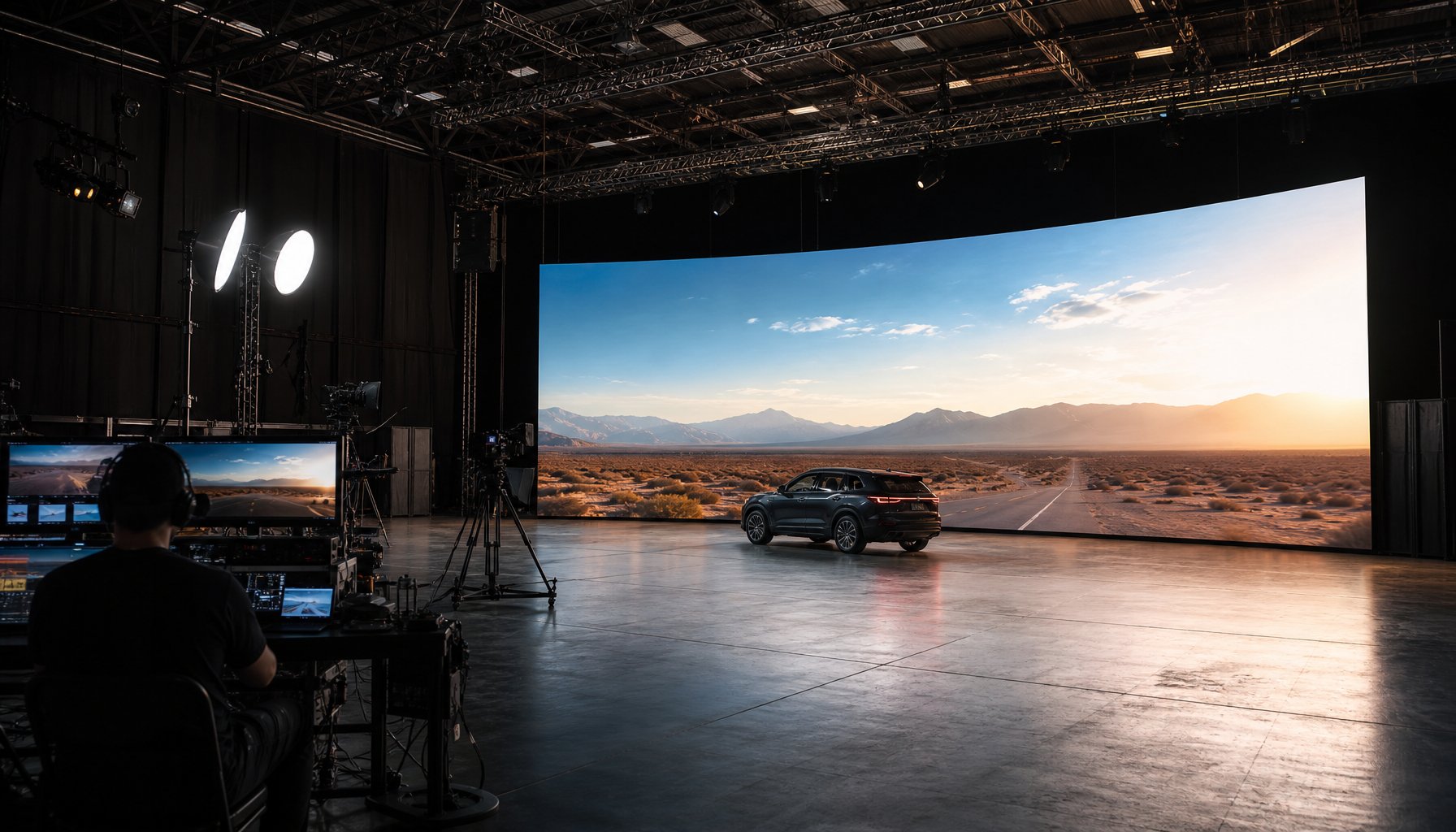 Interior of a professional video production studio with a large LED screen displaying a desert landscape, camera equipment, and a technician working at a computer.