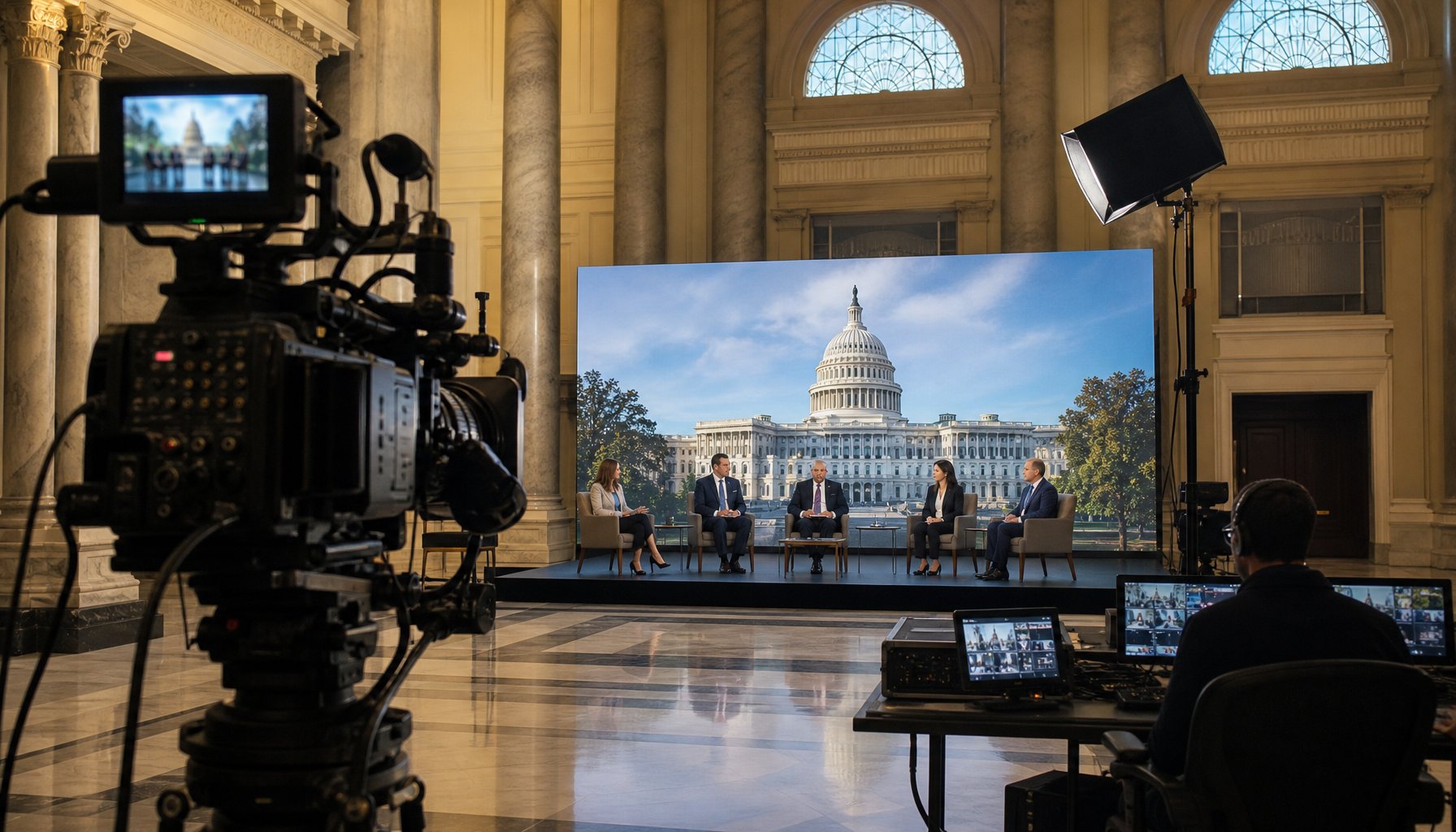 Inside a professional video production studio with a large screen displaying the U.S. Capitol, featuring camera equipment, lighting, and a panel of speakers in a historic building.