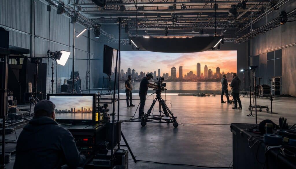 Inside TriVision Studios' professional video production studio with camera equipment, lighting, and a large LED screen displaying a city skyline at sunset.