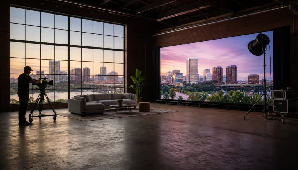 Interior of TriVision Studios with large screen, camera, and city view during sunset, showcasing professional video production environment.