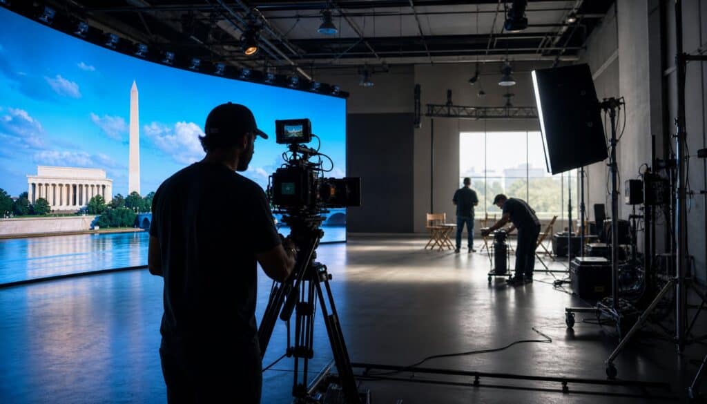 Behind the scenes at TriVision Studios with camera operator filming in a professional studio environment.
