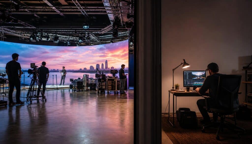 TriVision Studios professional video production environment with a large LED screen displaying a cityscape at sunset and a separate editing station with a person working on video editing.